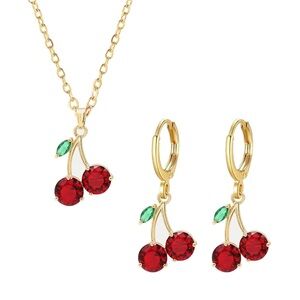 Red Cherry Drop Gold Necklace & Earrings Set